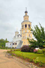 Fototapeta na wymiar Spassky Cathedral with bell tower in Saviour Priluki Monastery by cloud day near Vologda, Russia.