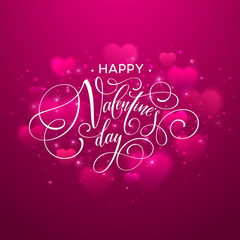 Happy valentines day handwritten text on blurred heart background. Vector illustration
