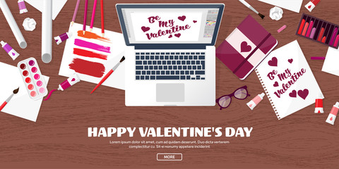 Obraz premium Flat background with paper, envelope. Love, hearts. Valentines day. Be my valentine. 14 february.Vector illustration.