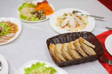 table set service with silverware and glass stemware at restaurant before party