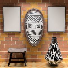 Mocap African interior living room. Empty paintings and shield w