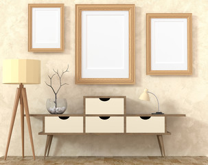 Mock up retro interior. Light wooden cabinet with dark legs and