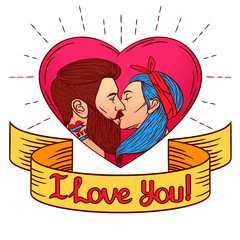 Colorful vector illustration for Saint Valentine's card. Vector image a man kissing a woman. Two young people are kissing on the heart background of pink color with text "I love you" on a ribbon