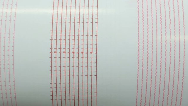 Seismograph records an earthquake on the sheet of measuring paper. Seismological device for measuring earthquakes. Seismograph machine needle drawing a red line on graph paper measuring activity.