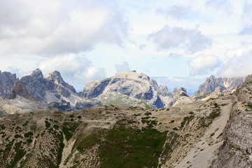 Fototapeta na wymiar Mountain Birkenkofel panorama and footpath at Büllelejoch in Sexten Dolomites, South Tyrol, Italy