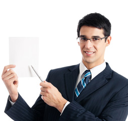businessman showing signboard with copyspase