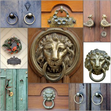 A collage of photos on lion door handles
