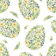 Watercolor yellow seamles flower and herbs Easter egg pattern. May be used for Easter textile decoration print, invitation card, spring decor, wrapping paper and window decoration. - 133564996