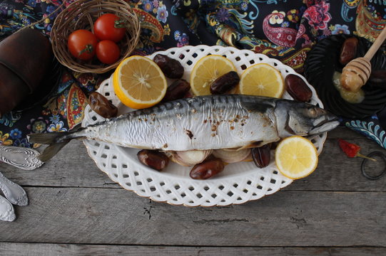 mackerel is baked figs with honey and onions, healthy food. selective focus.