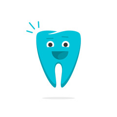Happy tooth cartoon vector illustration, flat cheerful healthy tooth with smile face, concept of kids dental clinic logo isolated on white background