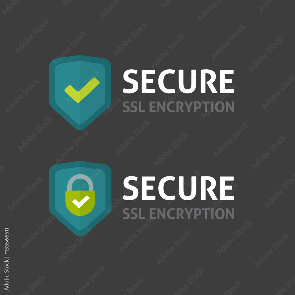 Poster secure connection label vector illustration isolated on dark background, flat style secured ssl shie