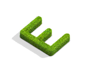 Grass letter E in uppercase format from isometric angle with shadow on ground.