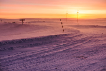 Arctic road in day time. Murmansk Region, Russia