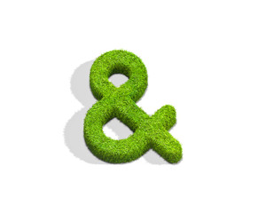 Grass and punctuation mark from top angle with shadow on ground.