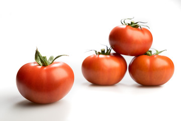Four realistic looking tomatoes lying piled up isolated in a whi