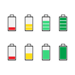 Battery icons. Symbols of battery charge level, full and low.