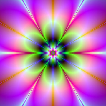 Neon Flower / A digital abstract fractal image with a neon flower design in green, pink and blue.