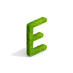 Grass letter E in uppercase format from isometric angle with shadow on ground.