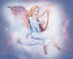 beautiful gentle angel playing harp sitting on cloud, surrounded with starry heavens.