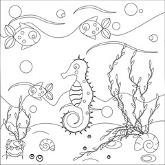 Coloring page with sea scene. Marine life theme. Educational game, drawing kids activity