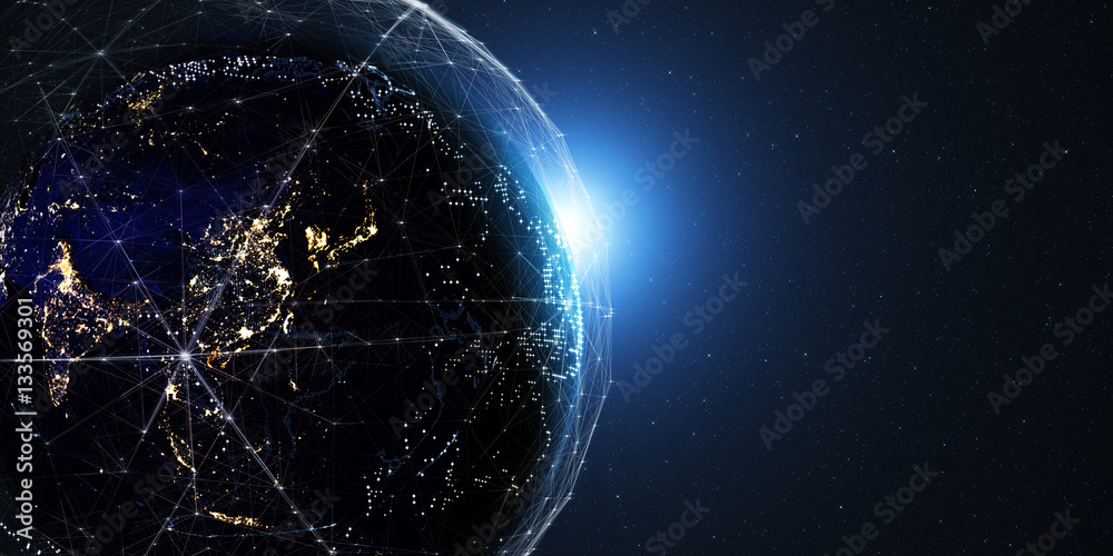 Poster Technology background/Technology background with connecting dots and lines. Connection structure digital communication. Some elements of the image provided by NASA. 3d rendering