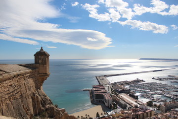 Mountain view above harbour with part of castle 