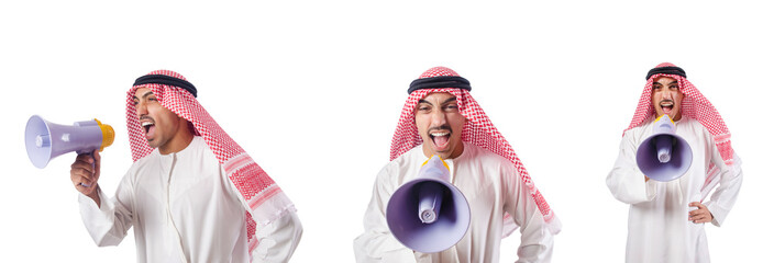 Arab businessman with bullhorn isolated on white