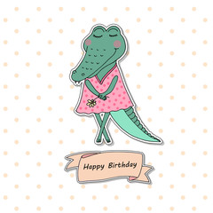 Cute alligator girl standing with flower