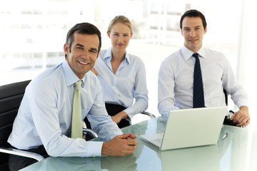 Business executives working together with laptop at a meeting