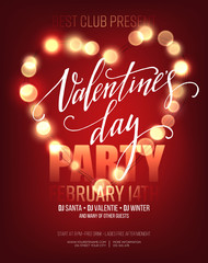 Valentines day Party poster with bright lights. Vector illustration