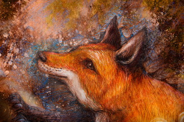 red fox portrait, colorful painting with ornamental background.