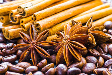 Coffee beans with cinnamon and anise on the sackcloth.