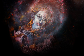 Lord Krishna playing his flute in space, colorful painting collage. © fluenta