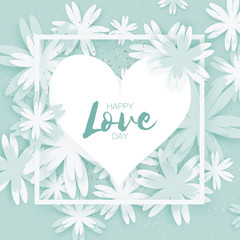 Happy Valentines Day Greeting card. Paper cut flower. Heart frame