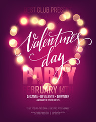 Fototapeta na wymiar Valentines day Party poster with bright lights. Vector illustration