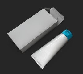 3d Illustration of Blank White Tubes with opened box Isolated on black Background