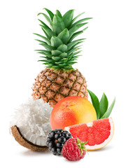 set of tropical fruits isolated on the white background