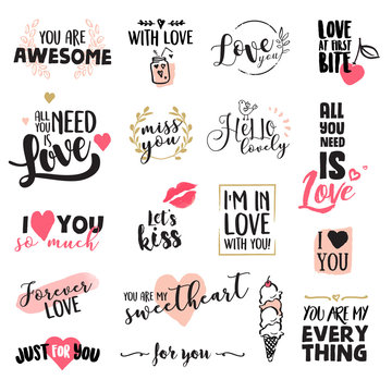 Set of Valentine day stickers and elements. Hand drawn vector illustrations for greeting cards, love messages, social media, networking, web design.