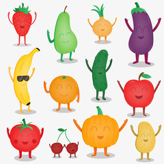 Cartoon fruits and vegetables. Funny food concept. Organic food. Vector