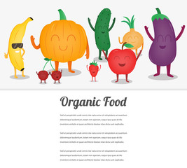Cartoon fruits and vegetables. Eco food background. Template with space for text. Vector