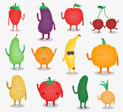Cartoon fruits and vegetables. Funny food concept. Organic food. Vector