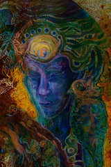 blue dreamy prophet whispering his words, fantasy illustration.