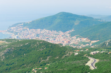 Fototapeta na wymiar Top view to Budva, Montenegro, from mountain. Mediterranian sea
