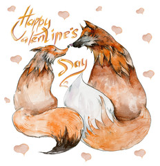 Couple of foxes in love on white background with hearts and the sign "Happy Valentine's day". Watercolor painting. Hand drown. Square. Can be used for greeting card, children's book illustration.