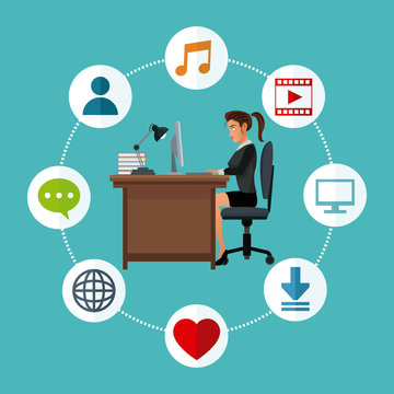 woman working desk laptop social media icons vector illustration eps 10