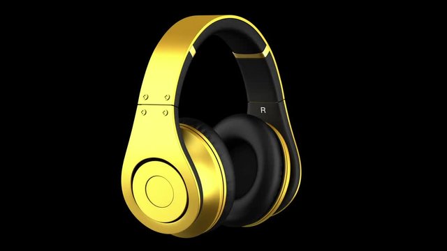 golden headphones loop rotate on black background