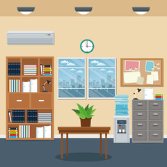 office workspace bookshelf cabinet table plant clock water dispenser window vector illustration
