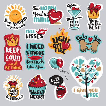 Set of love stickers for social network. Sweet and funny stickers for mobile messages, chat, social media, networking, web design. Stickers for Valentine day, wedding, love messages.