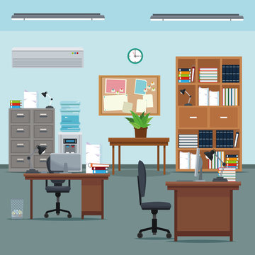 office workspace desk chair table plant furniture books cabinet water clock vector illustration