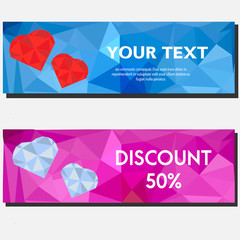 Artistic abstract polygonal horizontal banners with hearts. Background, design templates for gift vouchers, sale, Valentine party and other